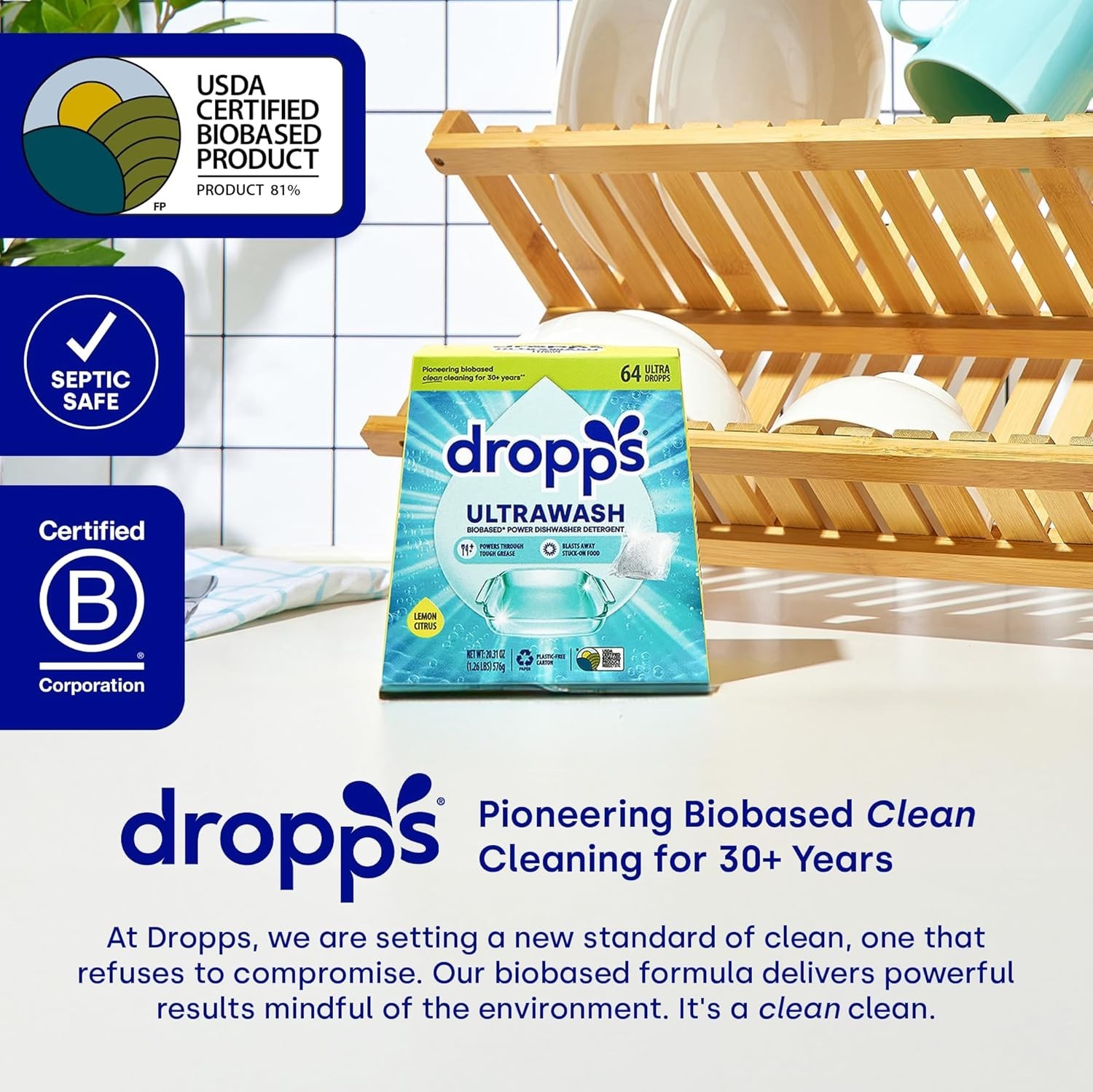 Dishwasher Detergent Pods Unscented 64 Ct Biobased Streak-Free Eco-Friendly
