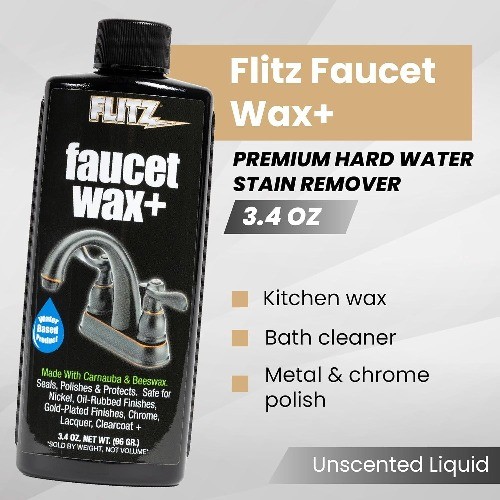 Faucet Wax Plus – 3.4oz Bottle of Water-Based Faucet Cleaner & Polisher for Wate