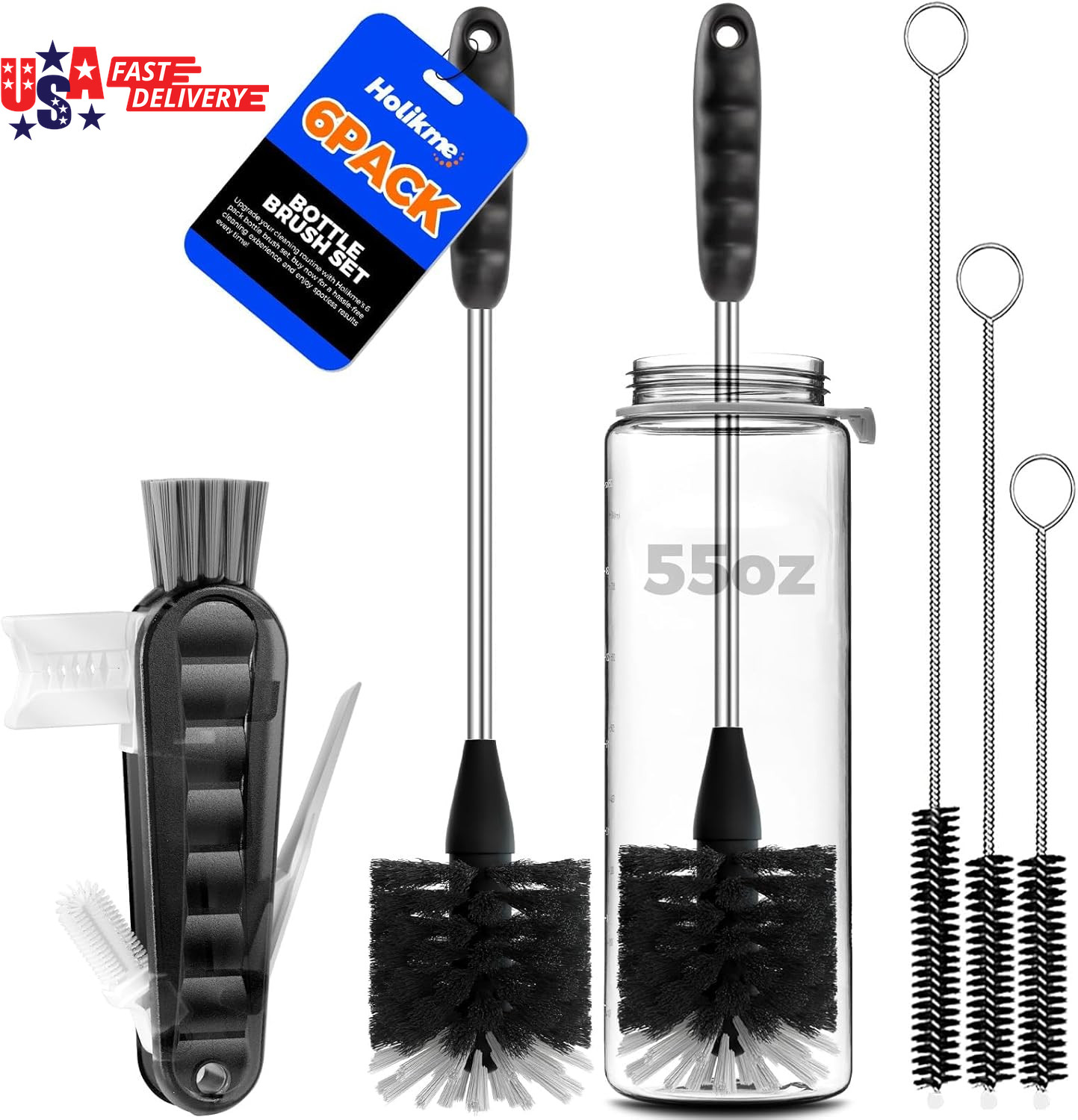 6 Pack Bottle Brush Set, 14″ Long Handle Stainless Steel Bottle Cleaner Brush, 3