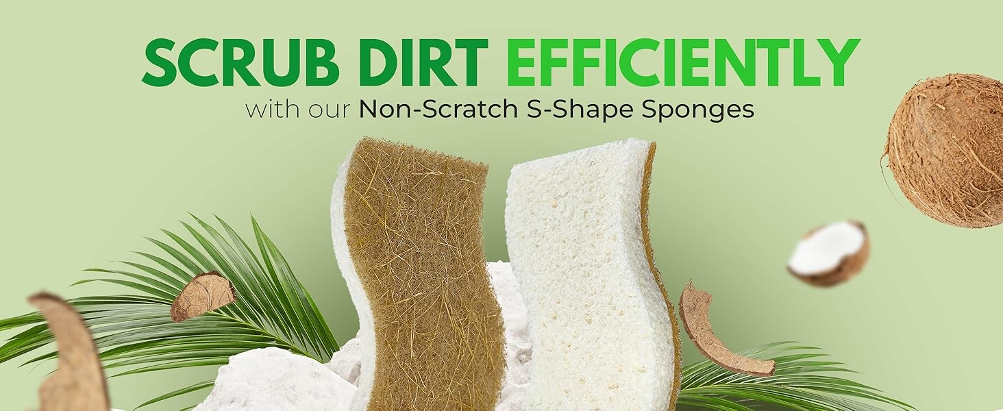 Natural Kitchen Sponges (12 Pack) – Biodegradable Cellulose & Coconut Scrubber