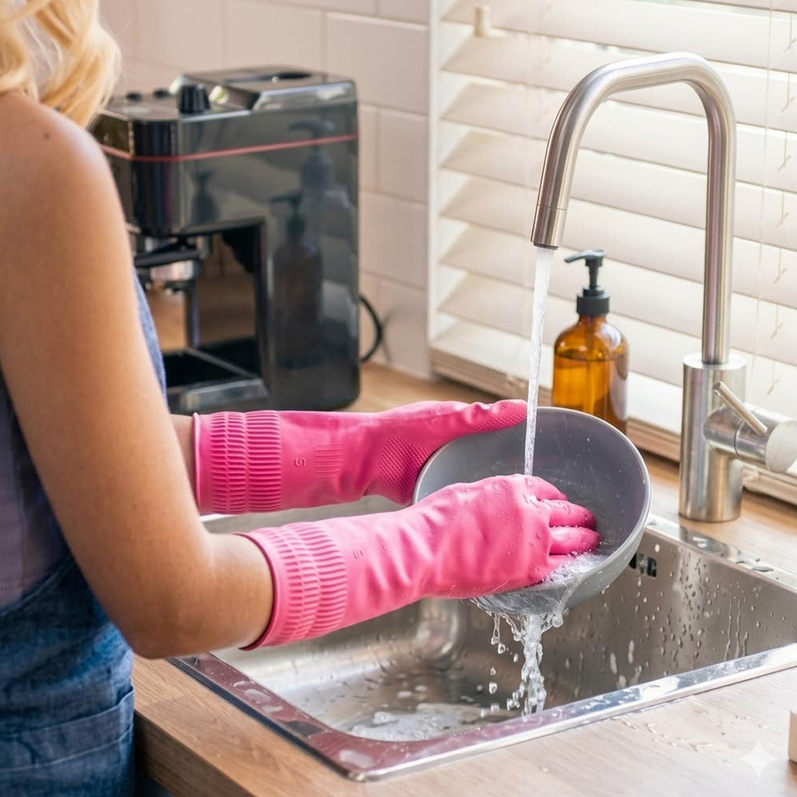 Gennethly Rubber Cleaning Gloves, Waterproof Medium (2 Pairs), Red+pink