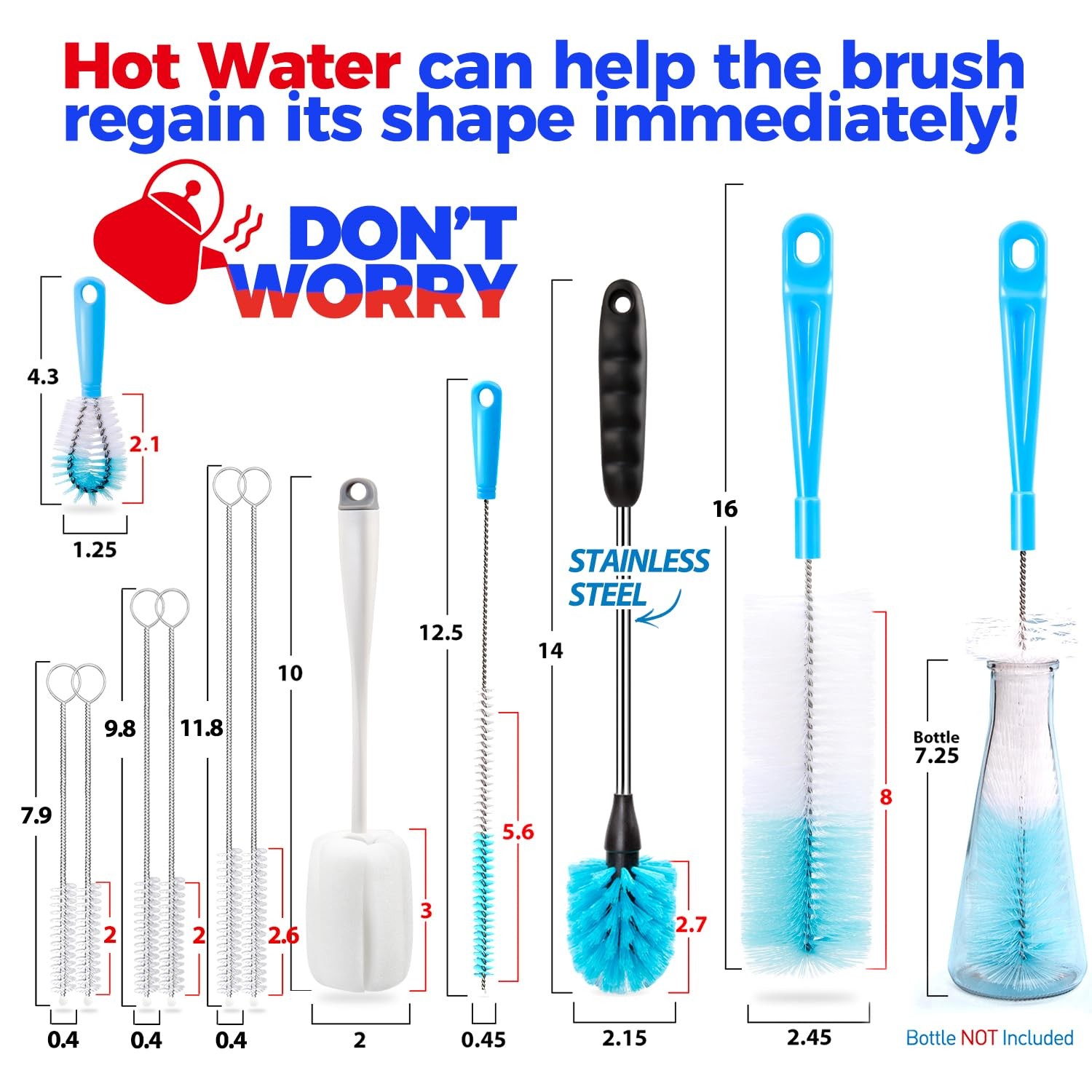 Holikme Bottle Brush Tube Cleaning Lab Set with Long Handle, 8 Pack, White