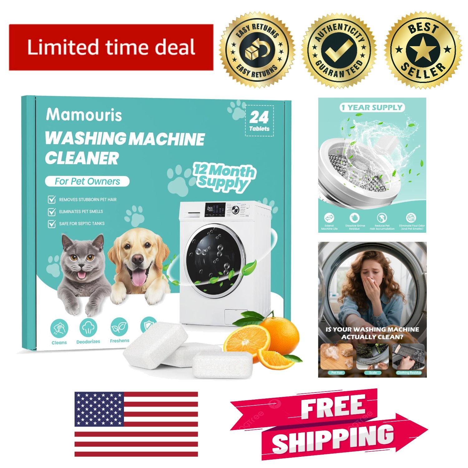 Deep Cleaning Tablets for Washing Machines – 24 Count, Odor and Pet Hair Remover