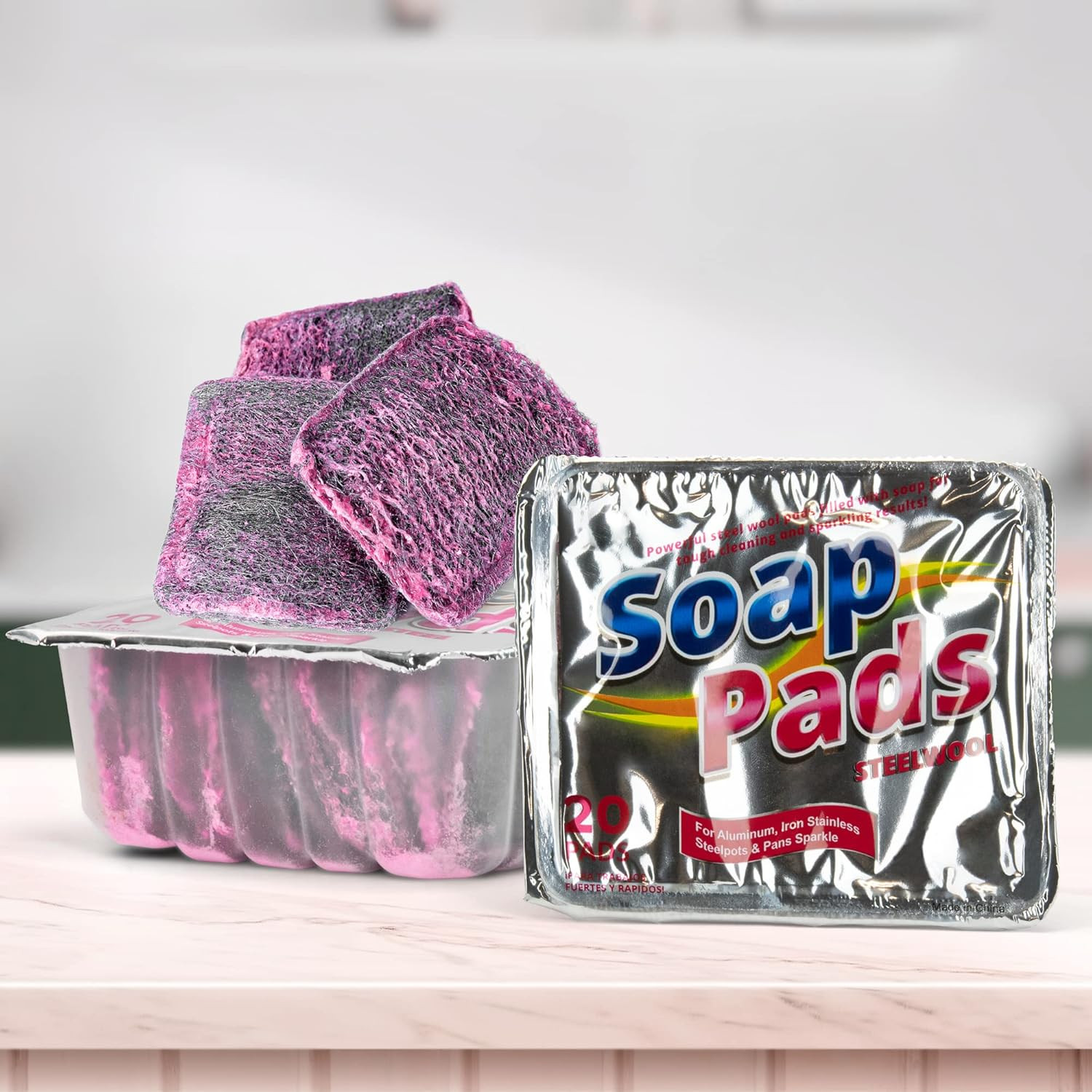 20 Pack Steel Wool Soap Pads Heavy Duty Pre Soaped Scrubbers Kitchen