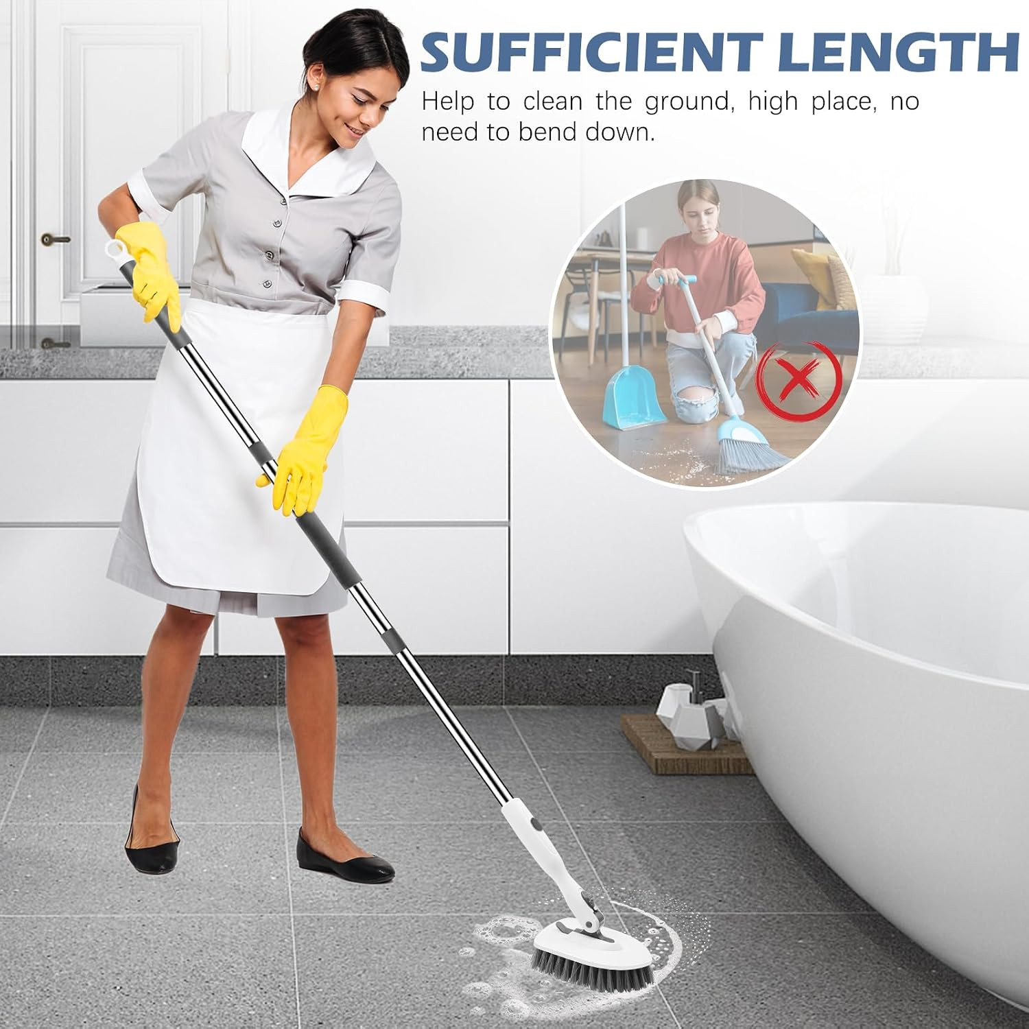 4-In-1 Tile Tub Floor Scrubber with 52-Inch Long Adjustable Handle