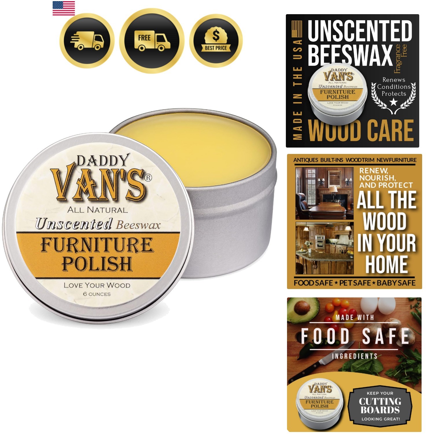 All Natural Beeswax Furniture Polish – Unscented, Food-Safe Wood Wax for Furn…