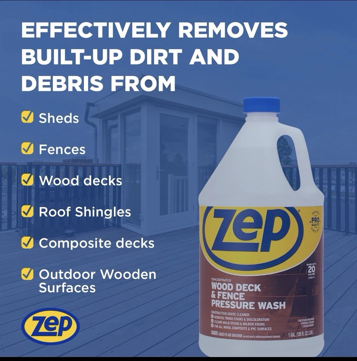 Zep Wood Deck and Fence Pressure Wash Cleaner Concentrate – 1 Gallon (Case of 4)