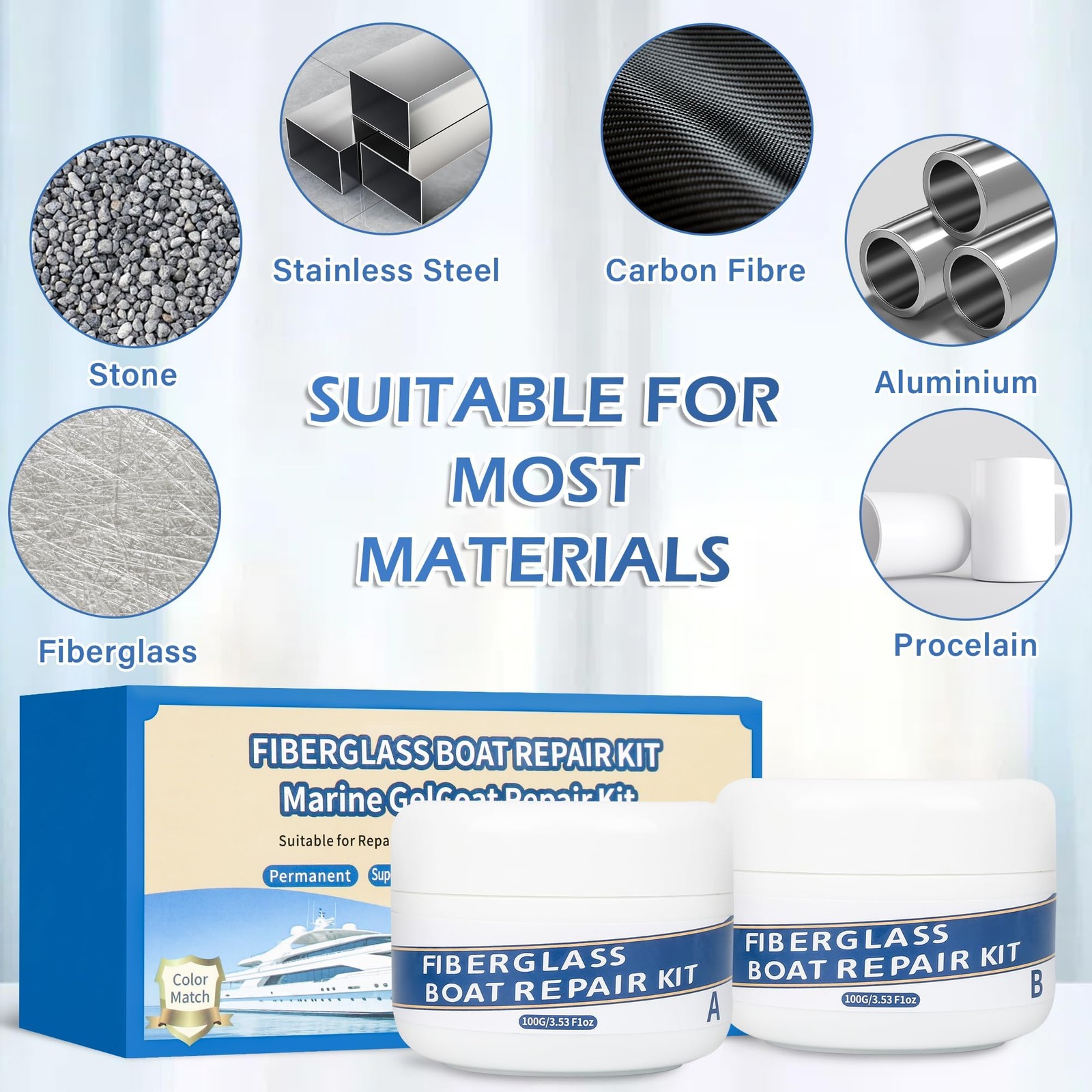 Marine Fiberglass Repair Kit for Boats, 200g/7.06oz Gel Coat Kepair kit for B…
