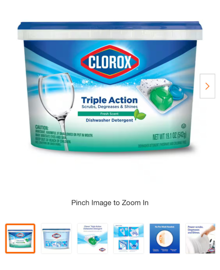 129 Pods (3 qty)Total Clorox Triple Action Dishwasher Detergent Pods Fresh Scent