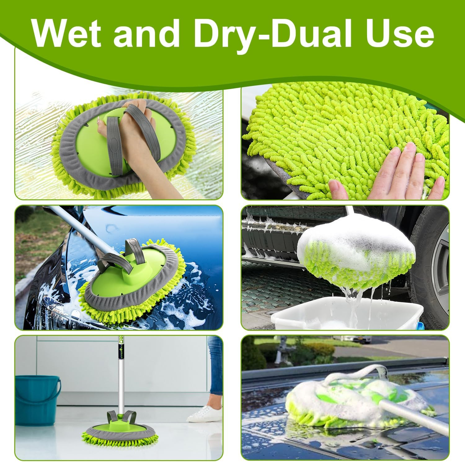 62″ Microfiber Car Wash Brush Mop Kit Mitt Sponge with Long Handle Car Cleaning