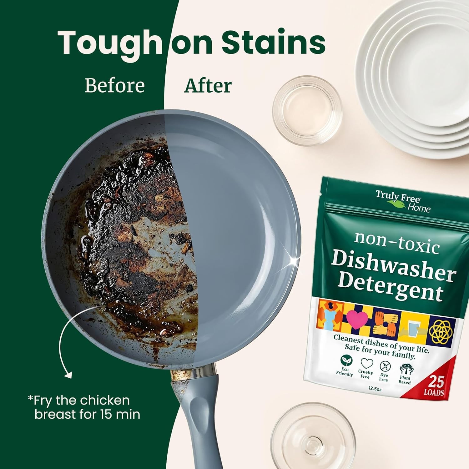 Truly Free natural dishwasher soap. Plastic-free, heavy duty stain remover