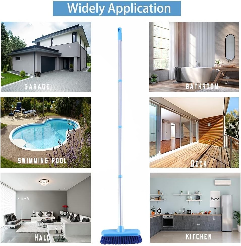 50″ Deck Brush Long Handle Stiff Bristle Floor Scrub Brush for Tile Shower Blue
