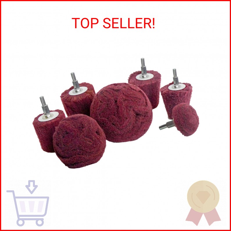 LINE10 Tools 7pk Non Woven Abrasive Drill Buffing Attachment Set, Red, Medium