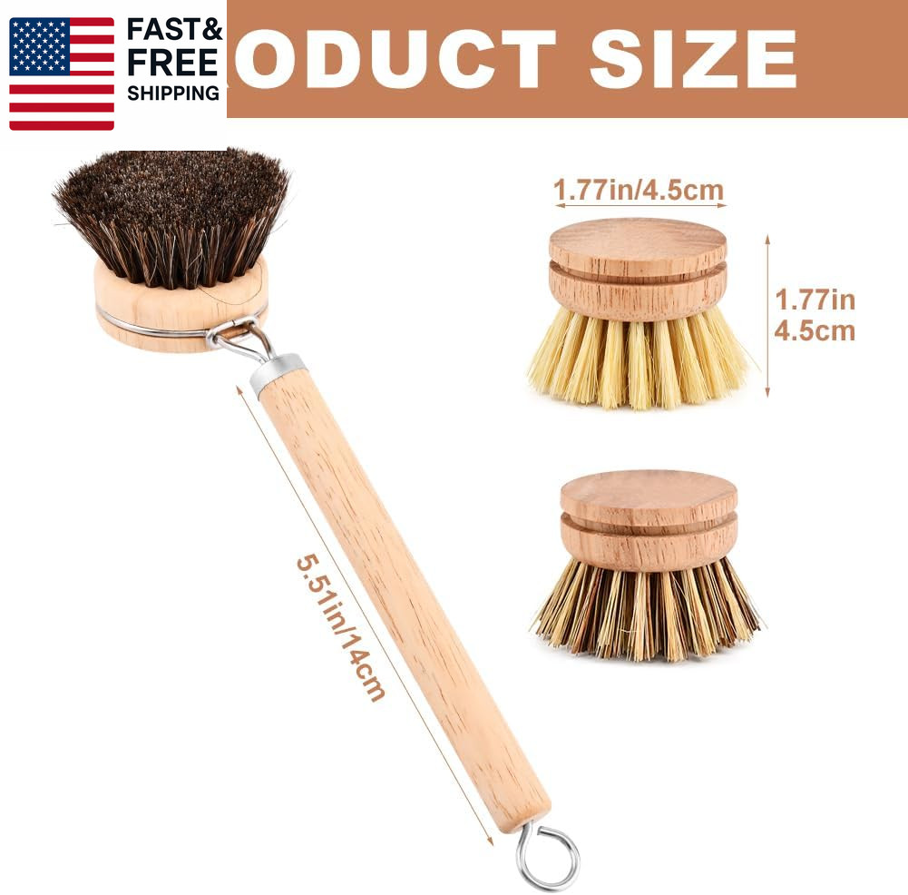 Bamboo Dish Brush Set, 1 Wooden Handle with 3 Natural Bristle Heads All Purpos