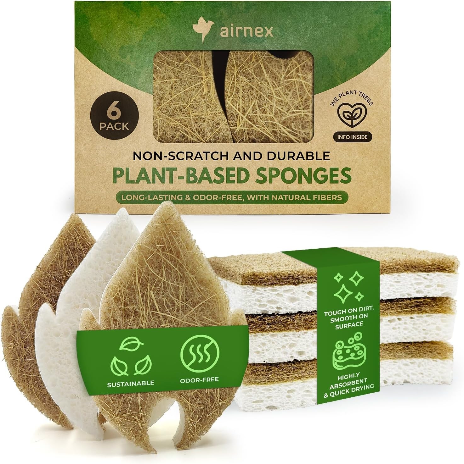 Natural Kitchen Sponges (6 Pack) – Biodegradable Cellulose & Coconut Scrubber