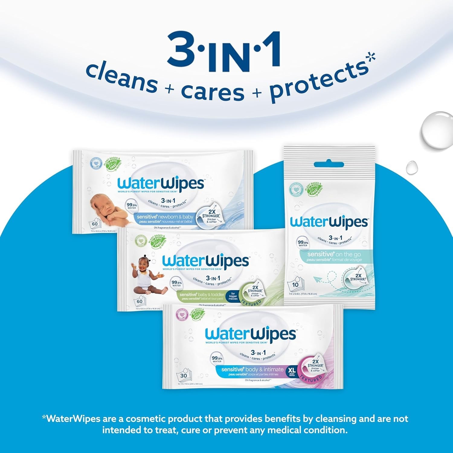 3-in-1 Hypoallergenic Disposable Wipes – 99.9% Water, Travel Size Pack of 10