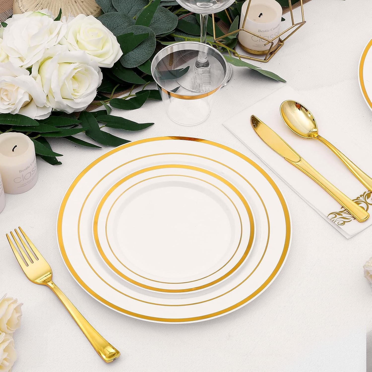 350-Piece Gold Rim Plastic Dinnerware Set for 50 Guests, Elegant Disposable Di
