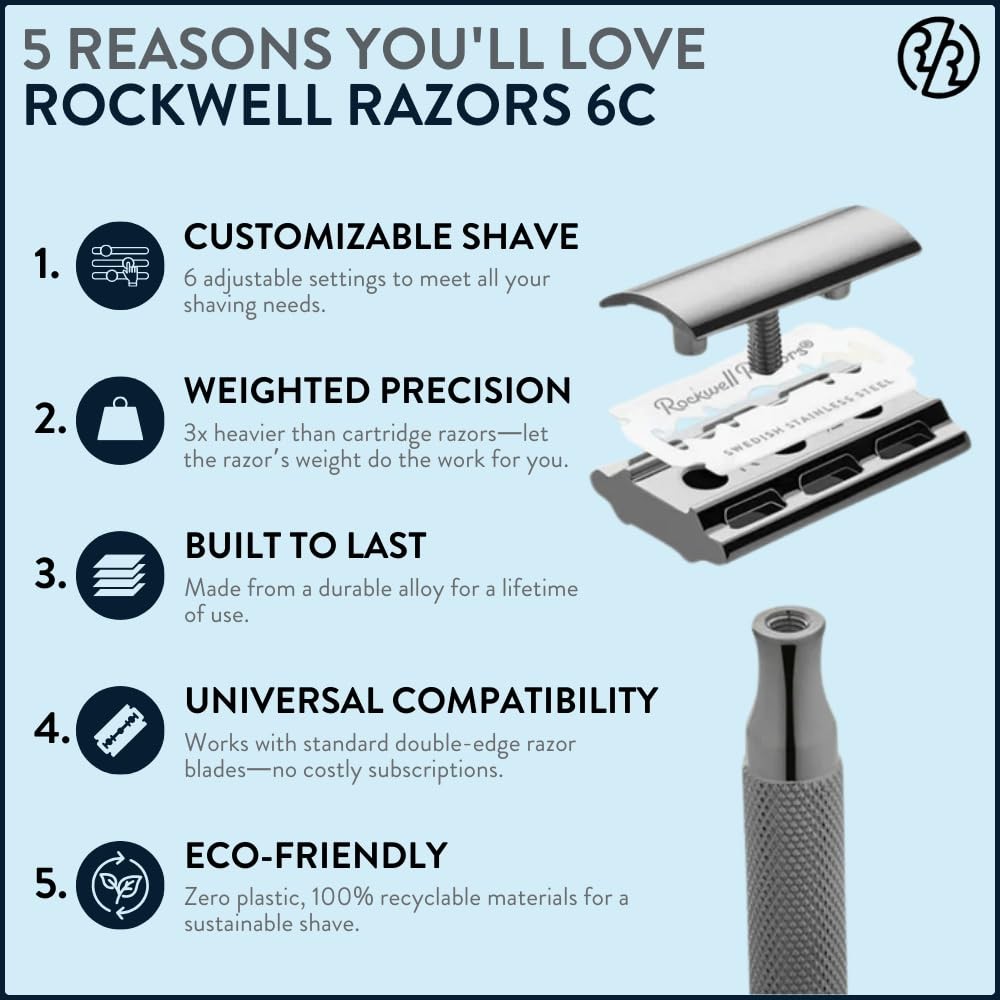 ROCKWELL RAZORS 6C Gunmetal Chrome Safety Razor With 6 Adjustable Shave Settin
