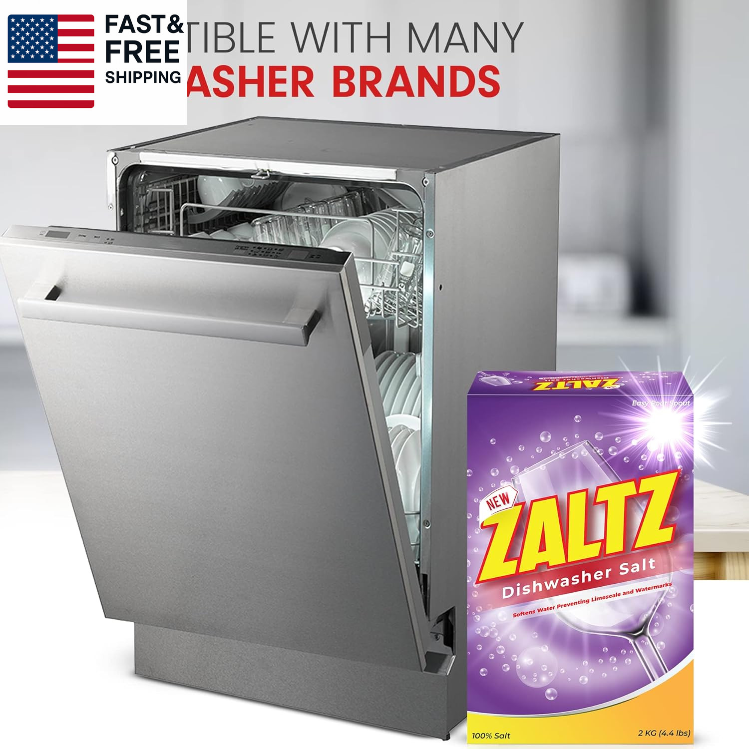 Zaltz Dishwasher Salt – Water Softener, Cleaner, Rinse Aid with Easy Pour Spout