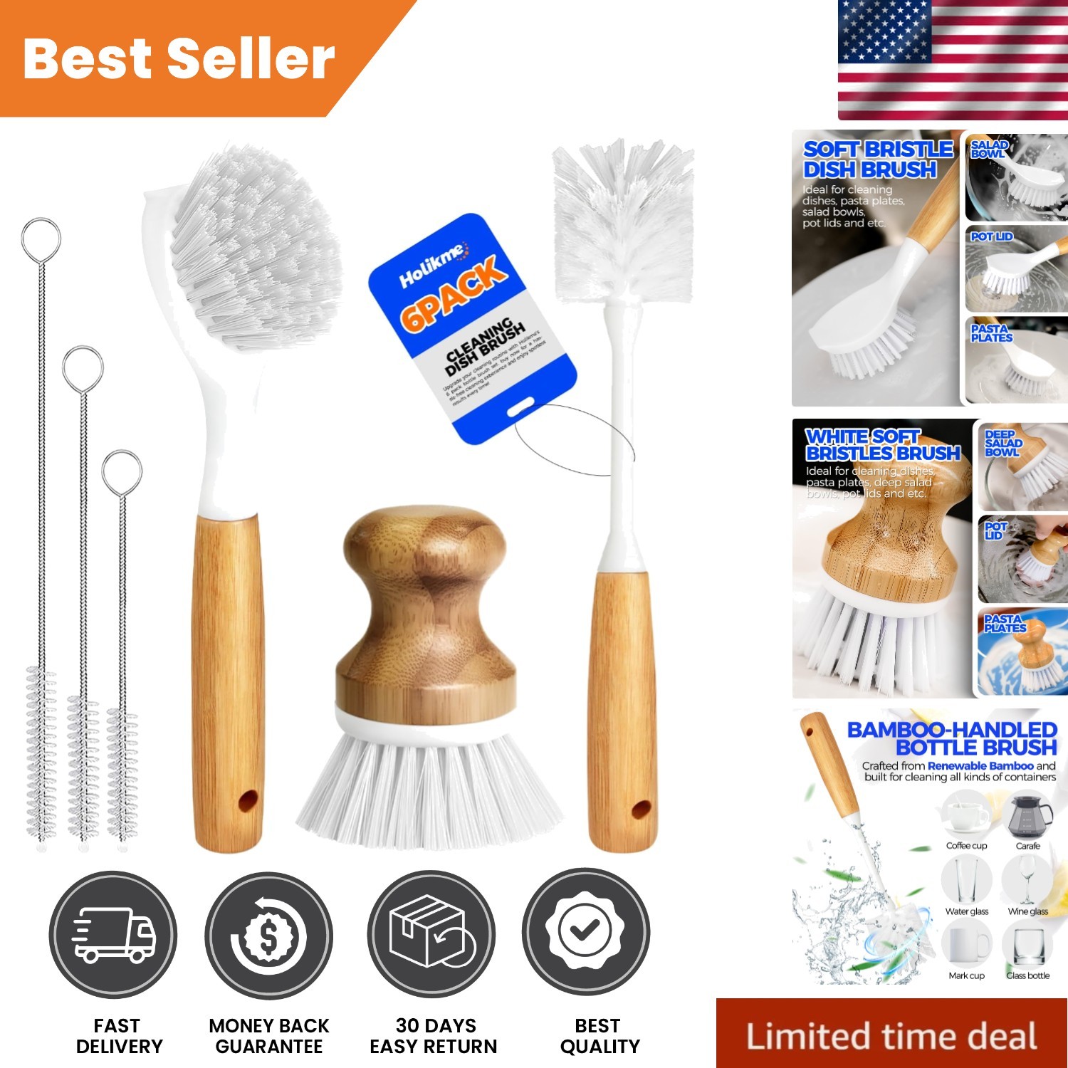 6-Piece Eco-Friendly Dish Brush Set with Bamboo Handle for Effortless Cleaning