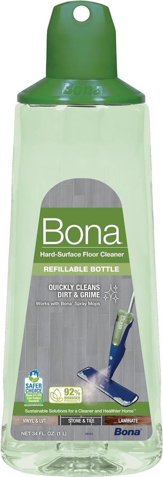 Bona Multi-Surface Hard Floor Cleaner Spray Mop Cartridge, Unscented, 34 Fl Oz