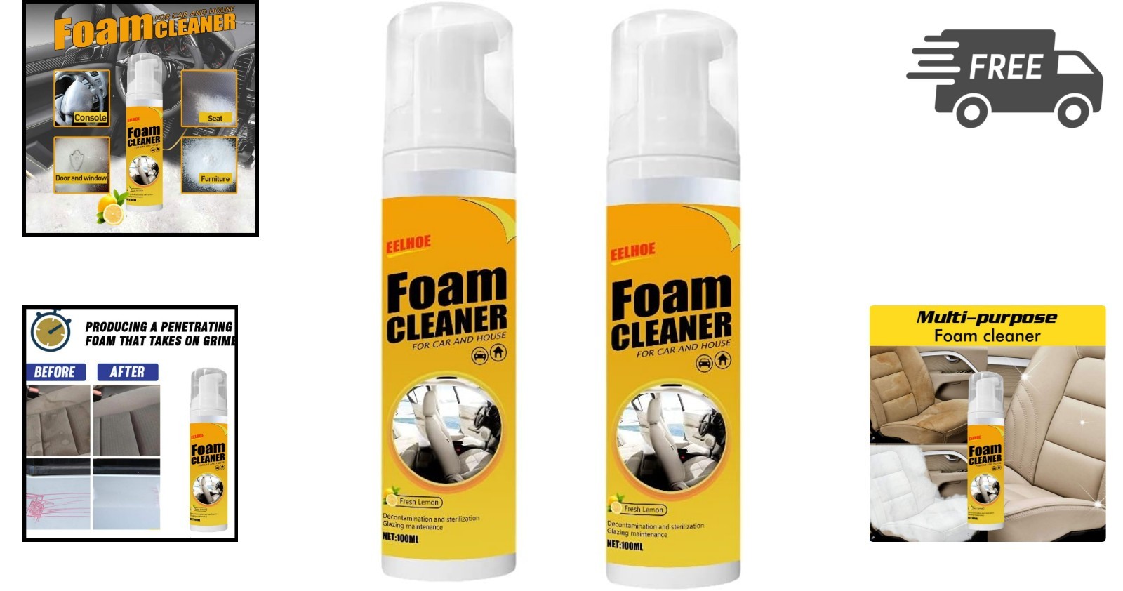 Foam Cleaner Spray Lemon Scent All Purpose Household Car Kitchen 2pcs