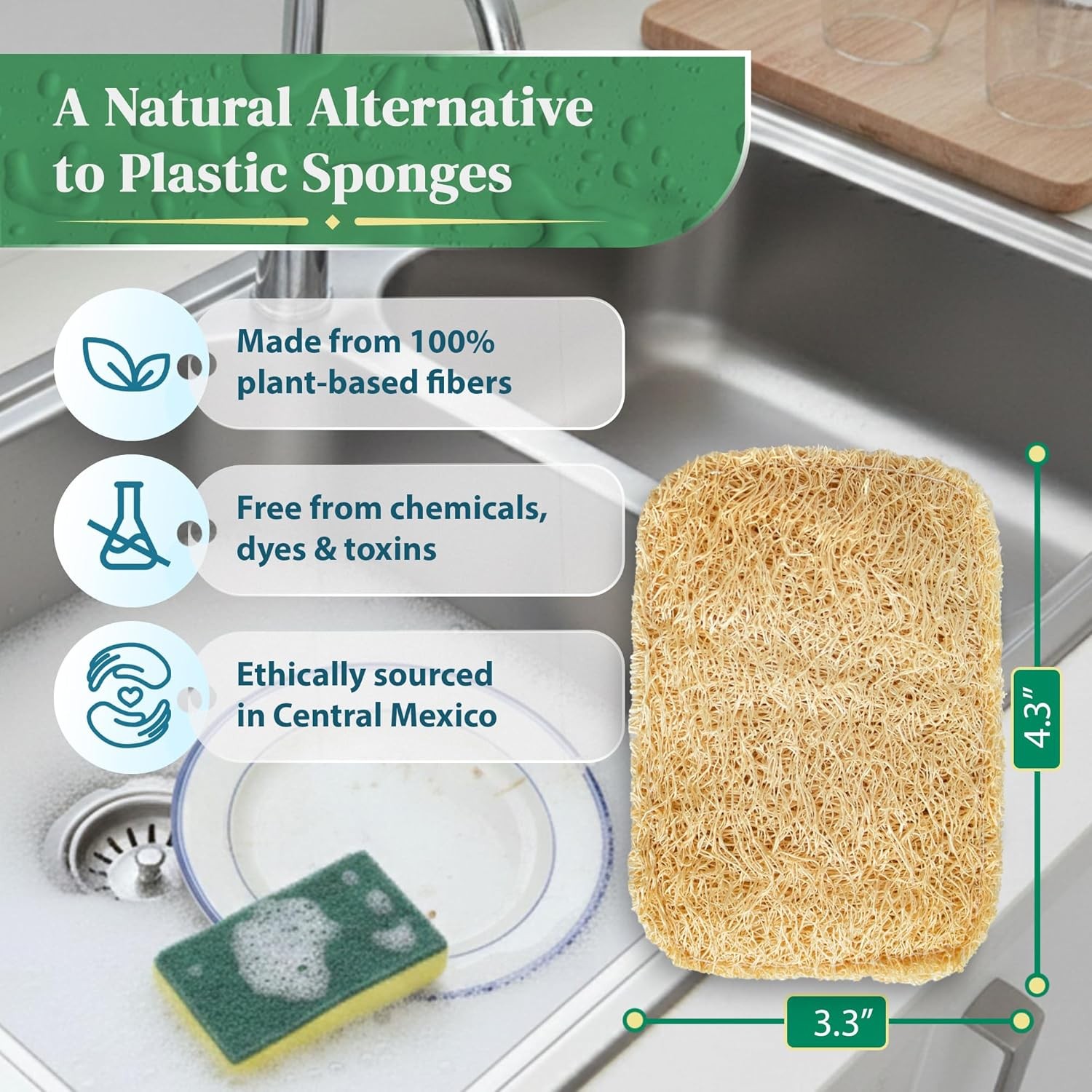 Natural Loofah Kitchen Sponge (3 Pack) – Natural Sponges for Dishes – Eco