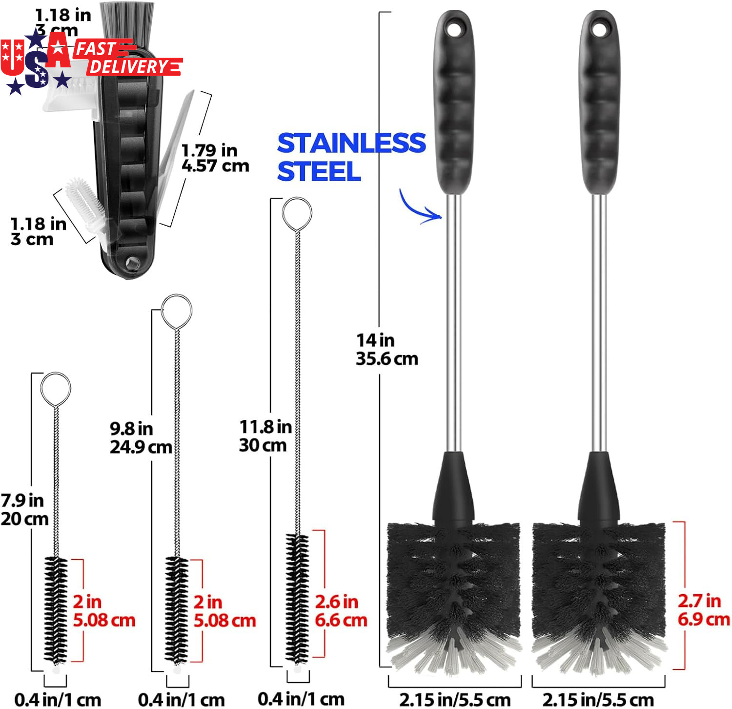 6 Pack Bottle Brush Set, 14″ Long Handle Stainless Steel Bottle Cleaner Brush, 3