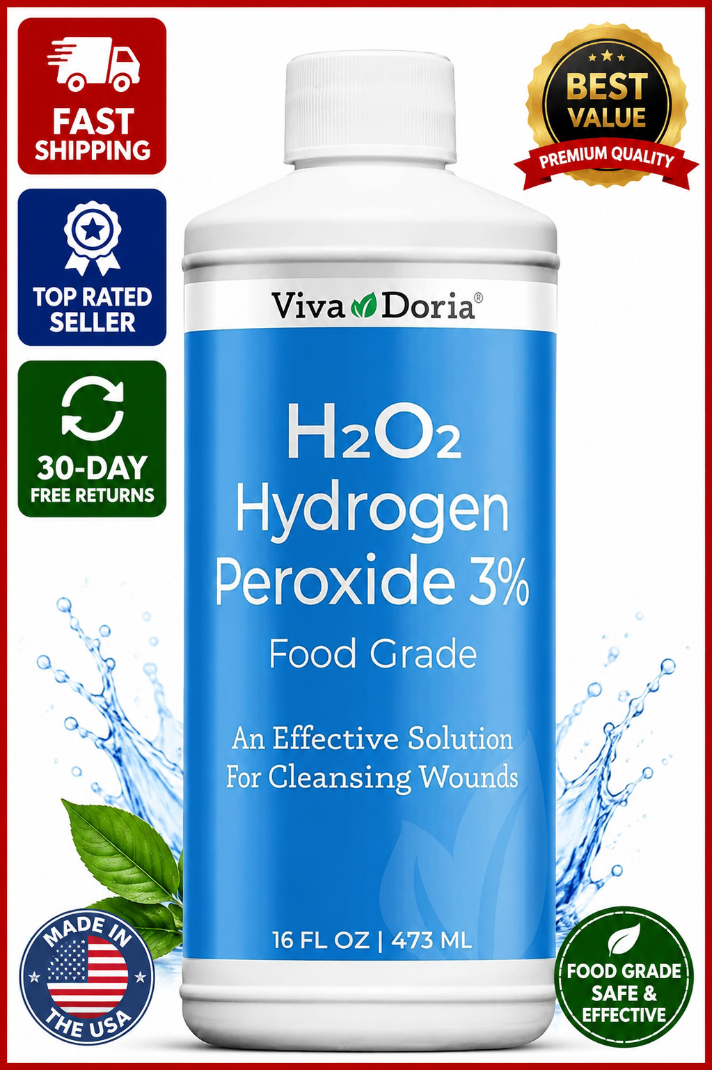 Viva Doria Hydrogen Peroxide 3 Percent, Food Grade, 3% Hydrogen Peroxide Food…