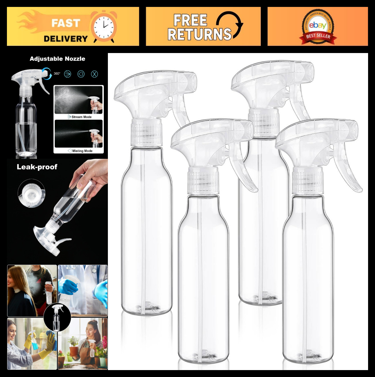 4 Pack 8.8oz Empty Plastic Spray Bottles – Heavy Duty for Cleaning, Cooking & Ha
