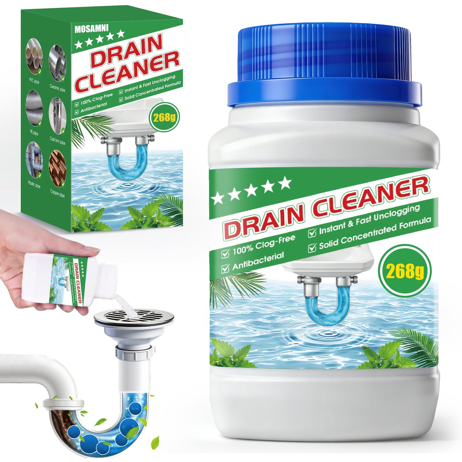 MOSAMNI Drain Clog Remover, 9.4OZ Solid Pipe Cleaner Particle6 Uses, Fast Act…