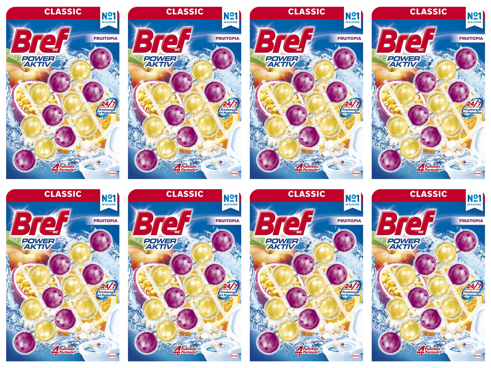 8 BREF POWER AKTIV FRUITOPIA WC Toilet Refreshing Cleaning Hanger Packs 150g