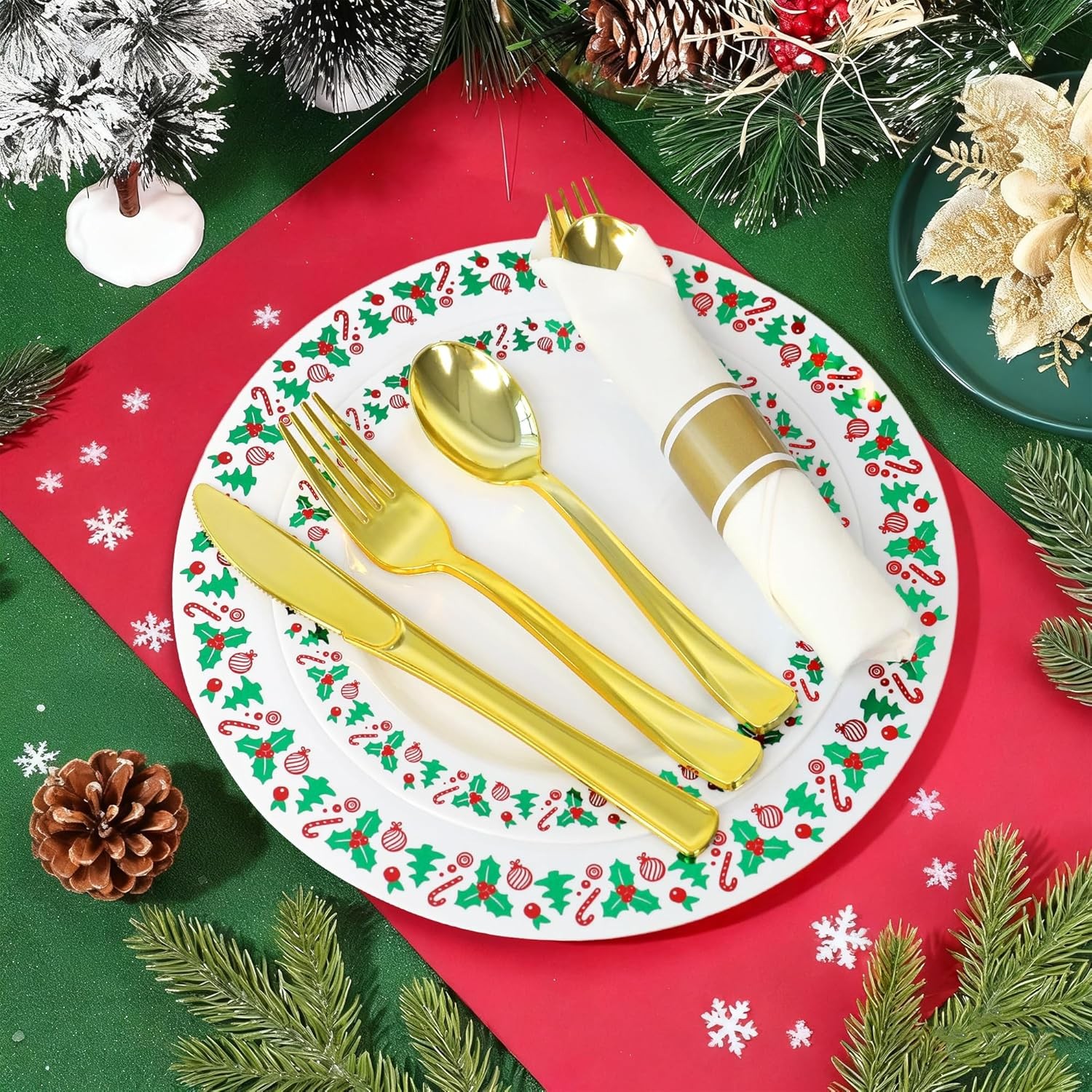 350pcs Christmas Disposable Plates & Cutlery Set – Plastic Plates, Tree Design