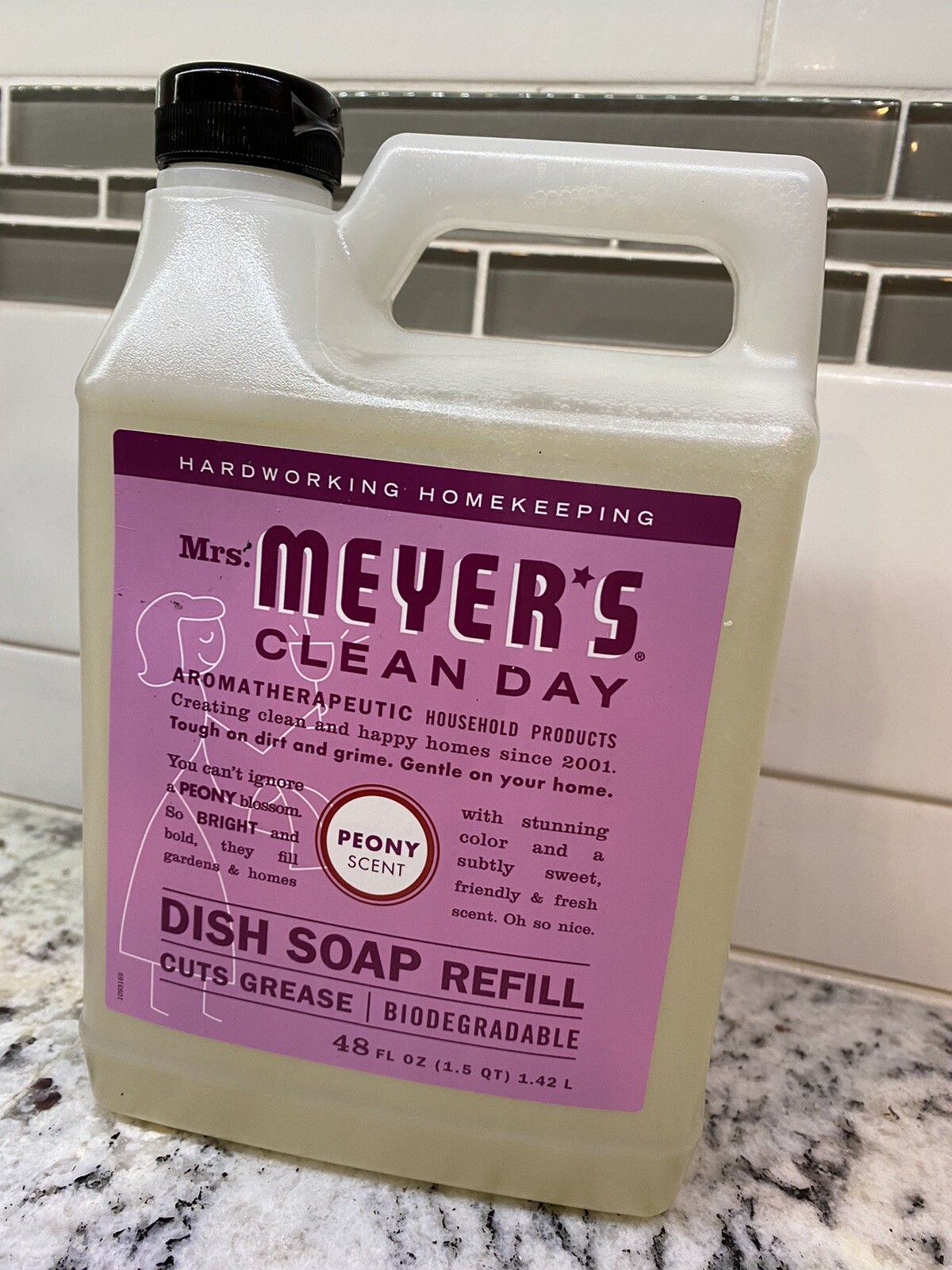Mrs Meyer’s Peony Dish Soap Refill 48 fl. oz. Essential Oils Aloe Vera Extract