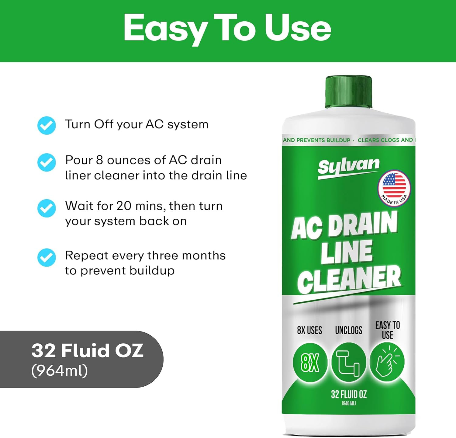 AC Drain Line Cleaner | Free Drain Brush | 32 Oz | 12 Month Supply | US Made | U