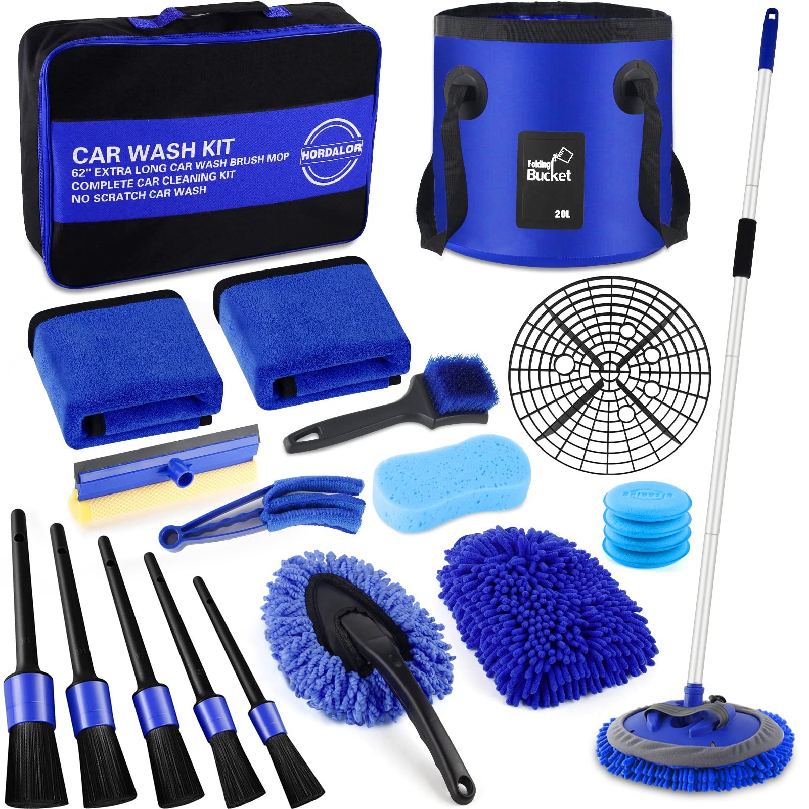 Car Wash Kit 21Piece Set with Long Handle Brush, Bucket, Squeegee & Detailing