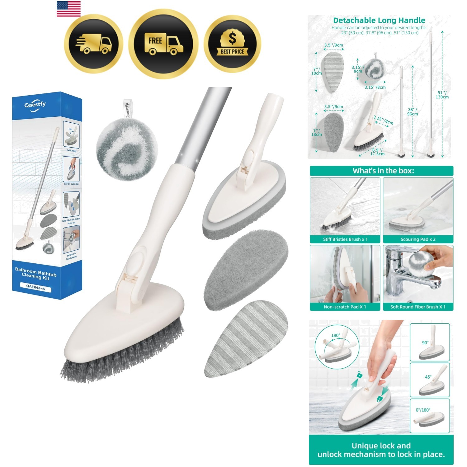 4-in-1 Tub and Tile Shower Scrubber, 51” Bathtub Cleaning Brush with Long Ha…