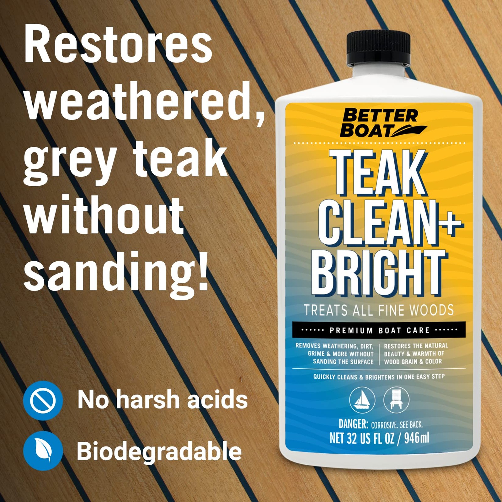 Better Boat Teak Cleaner and Brightener for Wood, Prepares for Teak Oil or Se…