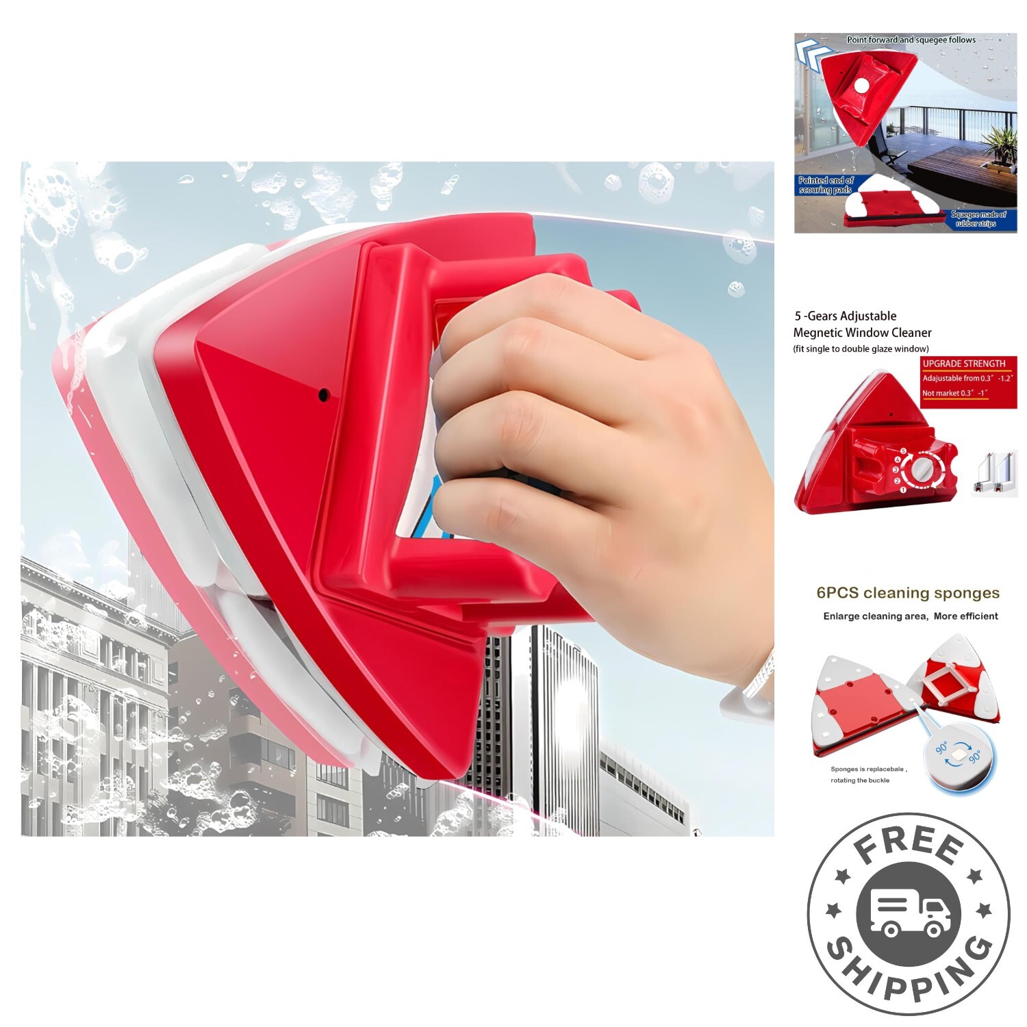 Compact Modern Magnetic Window Cleaner with Replaceable Sponge – Red Wiper Tool