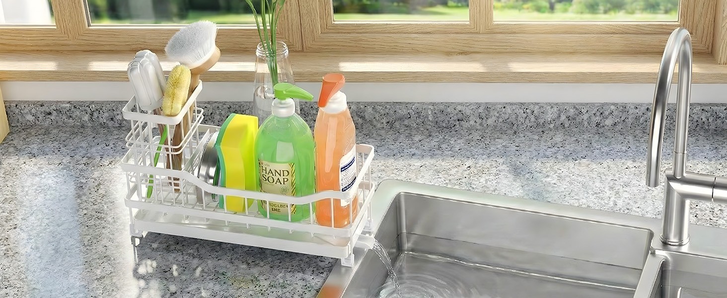 Sponge Holder for Kitchen Sink, Rustproof Sink Caddy Organizer with Dish Brush