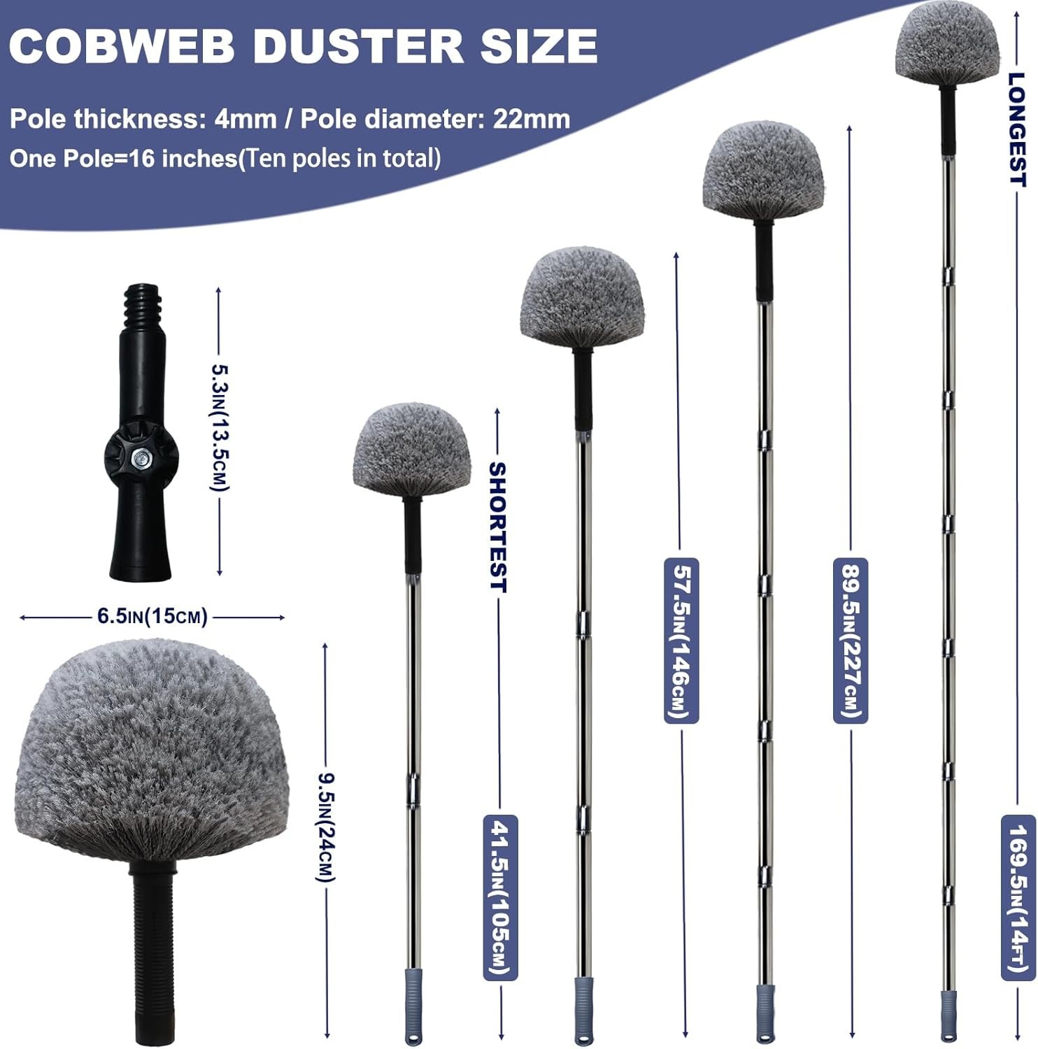 20Ft High Reach Cobweb Duster with Extension Pole Spider Web Brush Grey