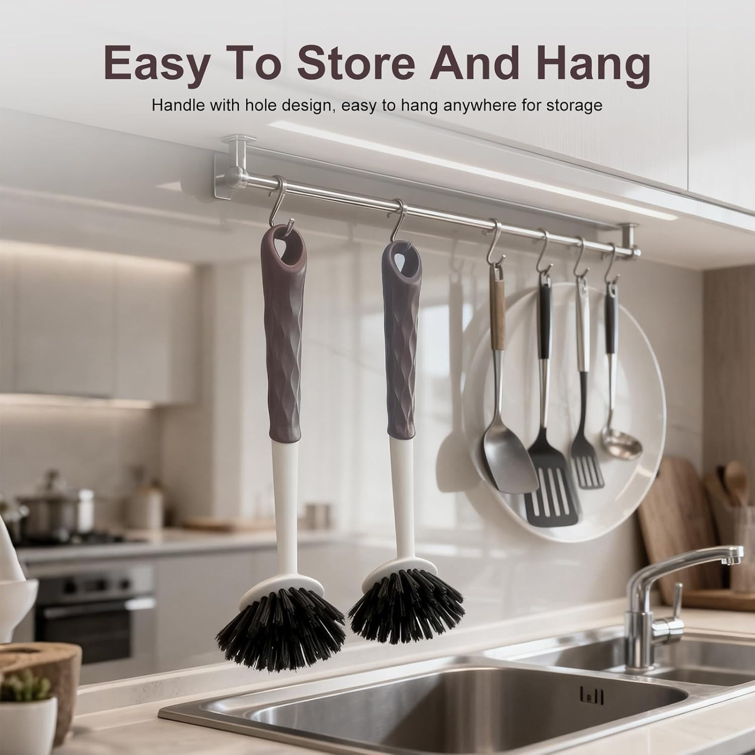 Dish Brush, 2 Pack with Comfortable Handle, with Built-In Scraper, Scrub Brush w
