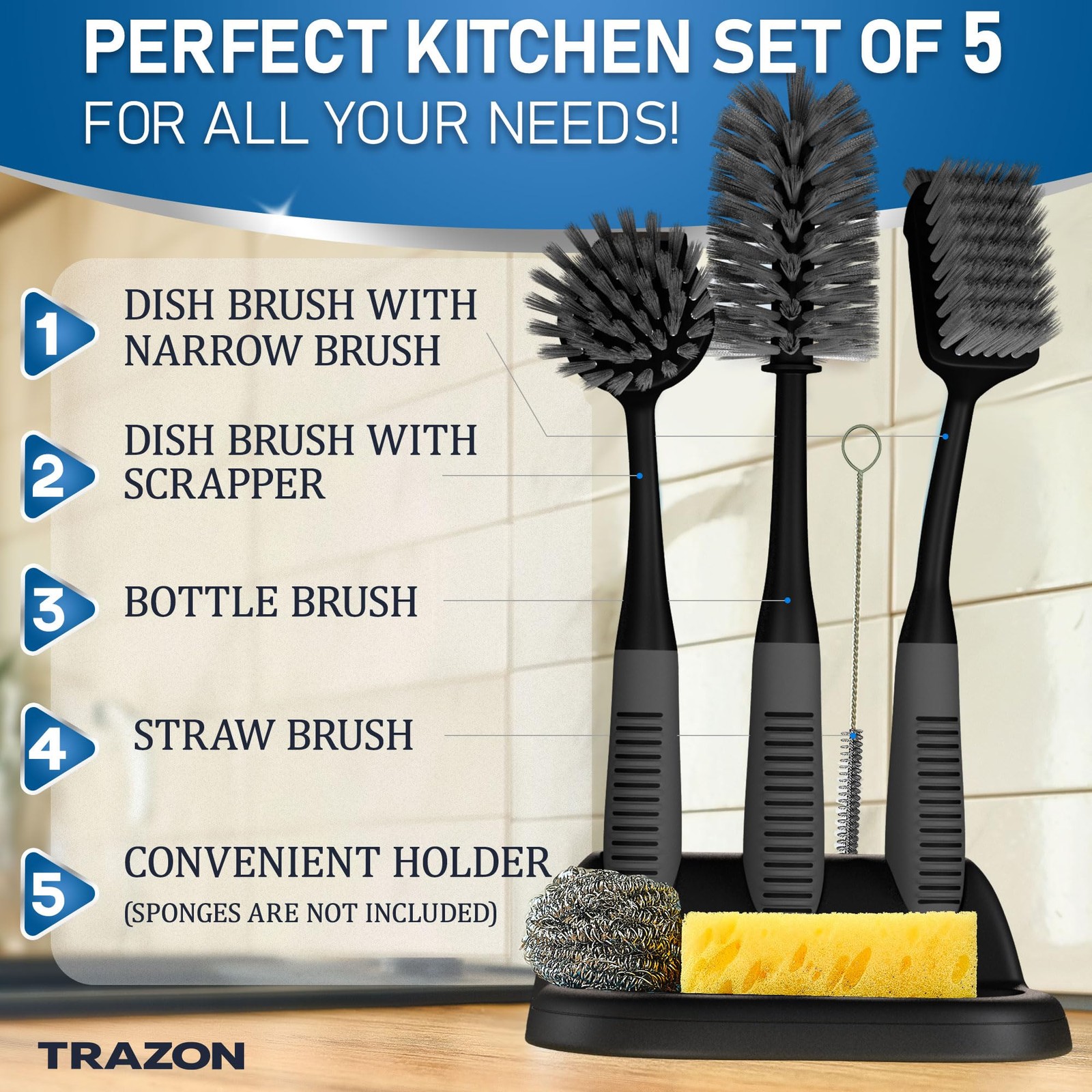 Dish Brush Set of 5 with Holder – Kitchen Scrub Brushes with Non-Slip Long Ha…