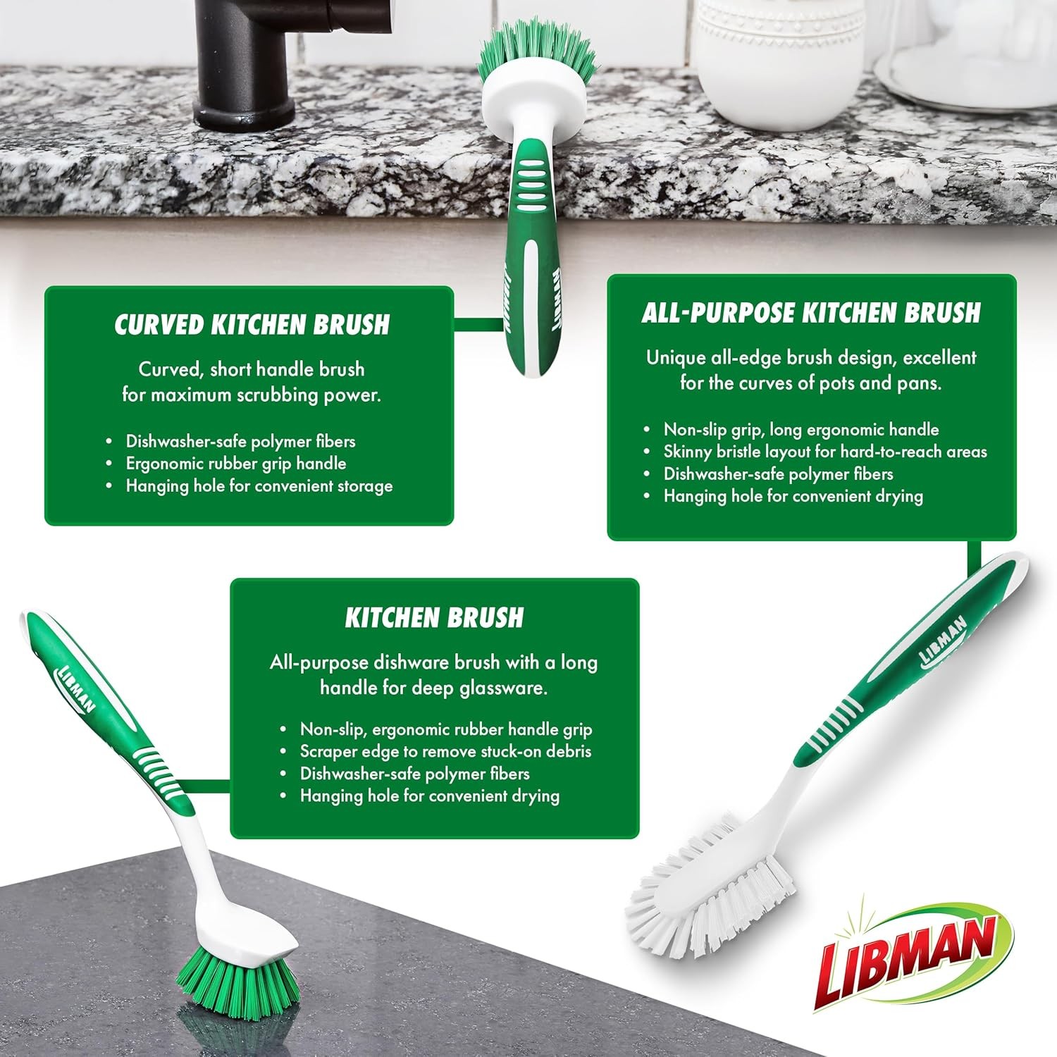 Libman Green & White Cleaning Brush Kit, 3-Piece Set, All-Purpose Brushes for