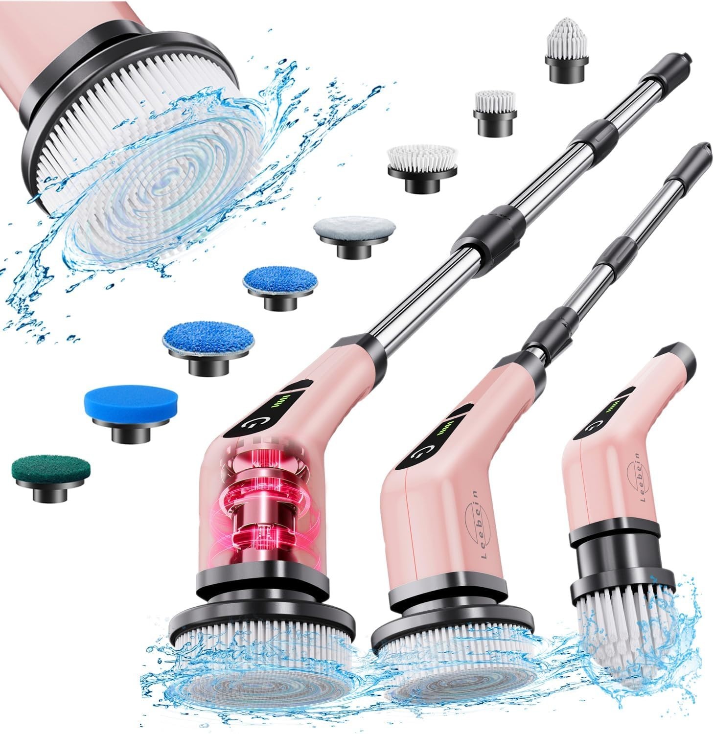 Electric Spin Scrubber with Long Handle and 8 Brushes – Rose