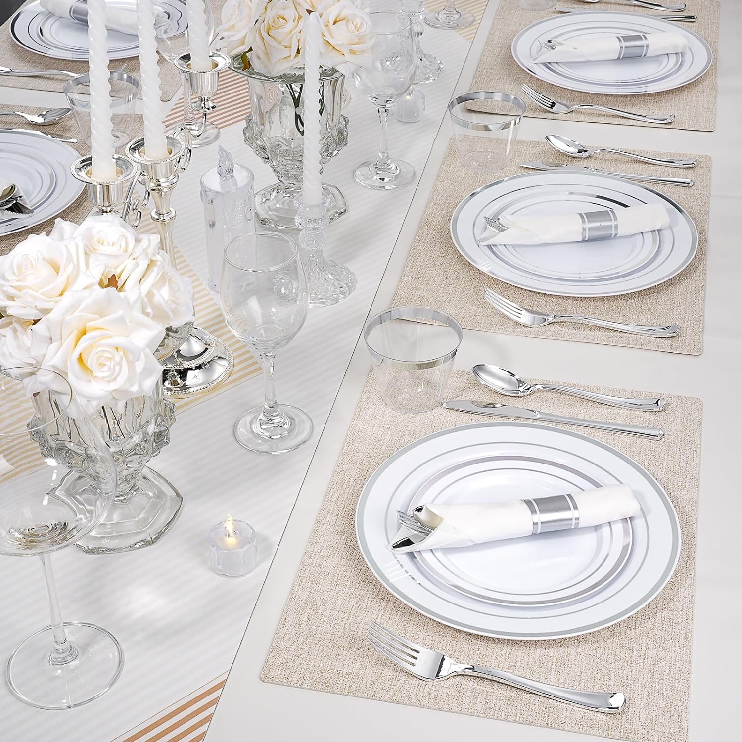 175 PCS White and Silver Plastic Dinnerware Set for 25 Guests, 50 Disposable P