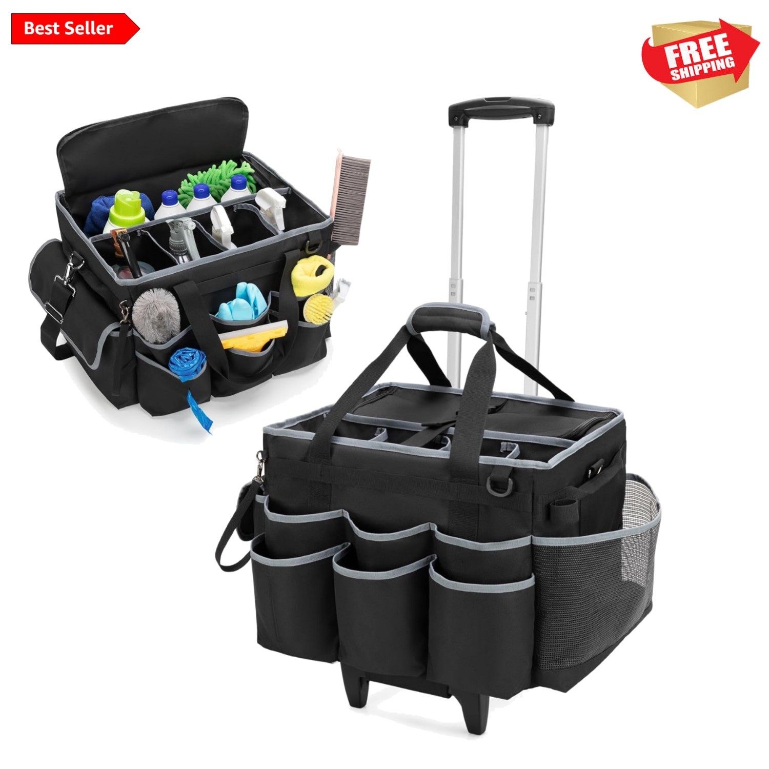 Luxury Cleaning Caddy with Detachable Trolley & Shoulder Strap – 16×11.8×13 inch