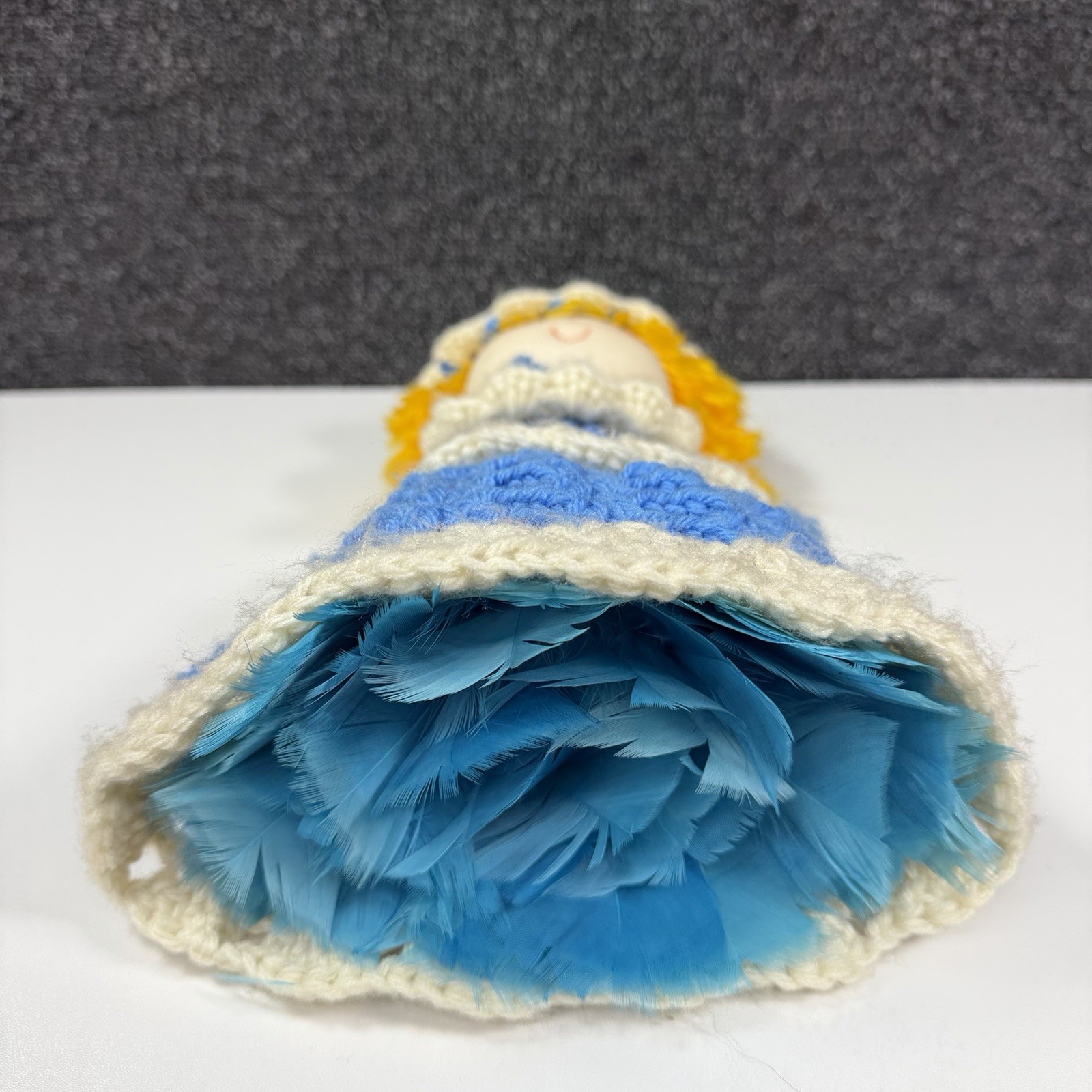 Vintage Feather Duster Handy Dandy Texas Feathers Crochet Doll Cover Blue