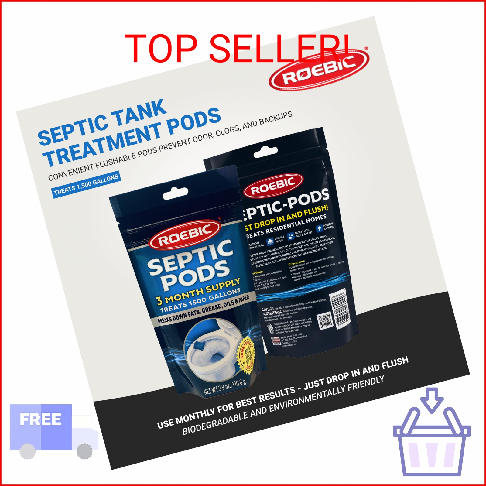 Roebic Septic Tank Treatment Pods, 3 Month Supply of Easy Flush Dissolvable Pack