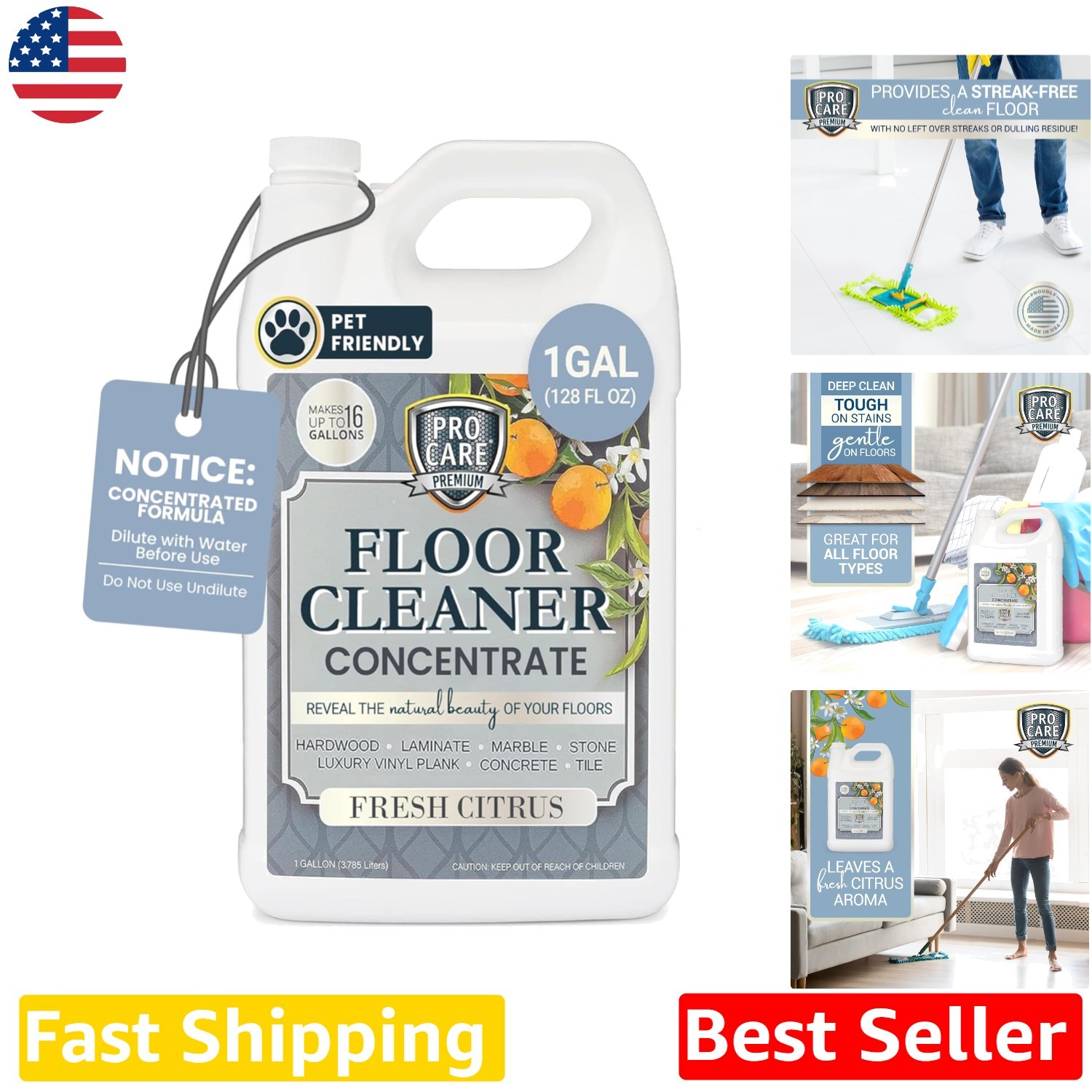 Concentrated Citrus Floor Cleaner 128 Fl Oz – Natural Scent, Pet & Child Safe